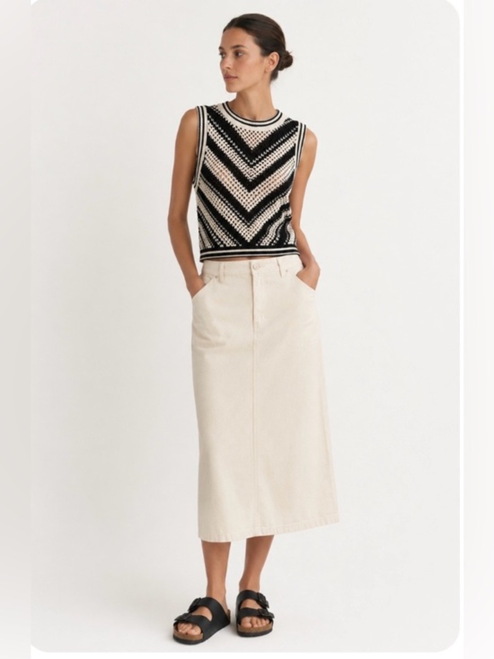 GAP Chevron Crochet Cotton Knit Sweater Vest Top Black Cream, XL